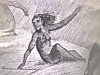 Zeichnung einer nackten Frau beim Surfen
