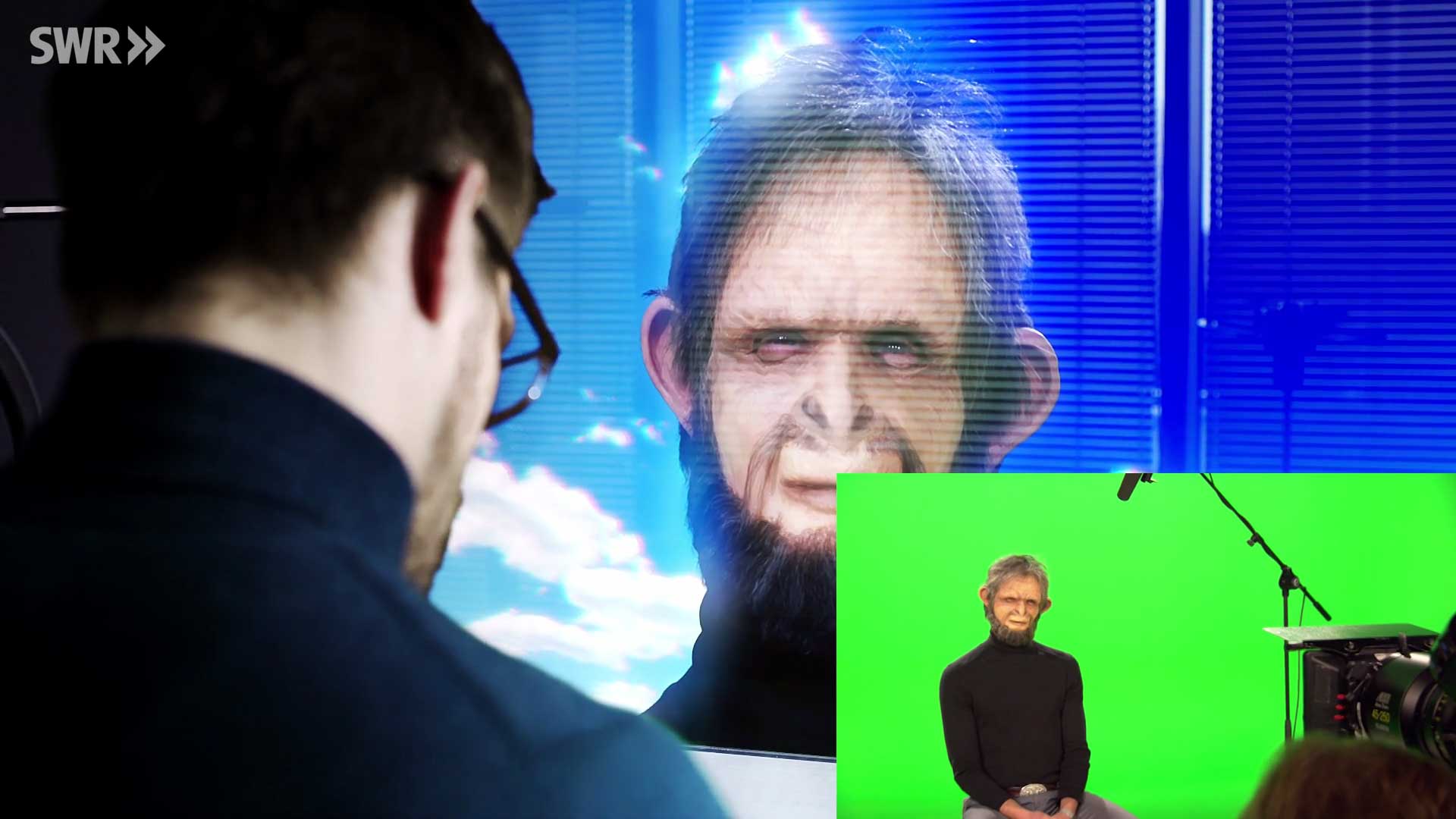 Szene im fertigen Tatort und Aufnahme im Greenscreen-Studio