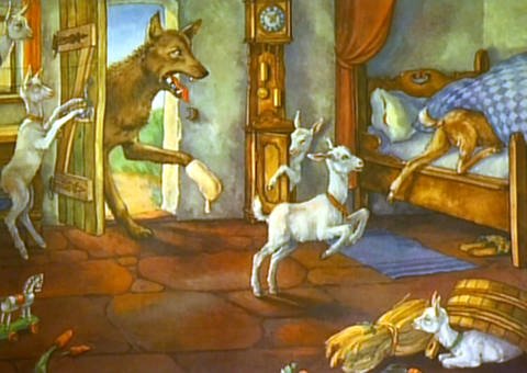 Gemalte Szene aus „Der Wolf und die sieben Geißlein“ (Foto: SWR – Screenshot aus der Sendung)