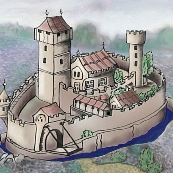 Zeichnung einer kleinen mittelalterlichen Burg. (Foto: SWR – Screenshot aus der Sendung)
