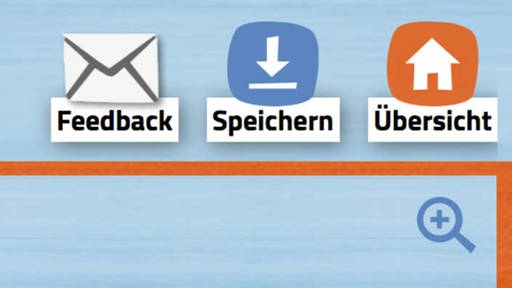 Die Symbole für Feedback (Briefumschlag), Speichern (Pfeil auf Festplatte) und Übersicht (Haus) (Foto: WDR)
