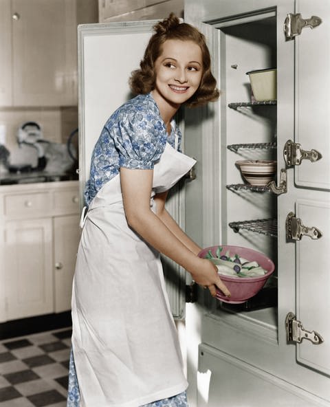 Bild im 50er Jahre-Stil : Junge Frau an Kühlschrank. (Foto: Shutterstock, Everett Collection)