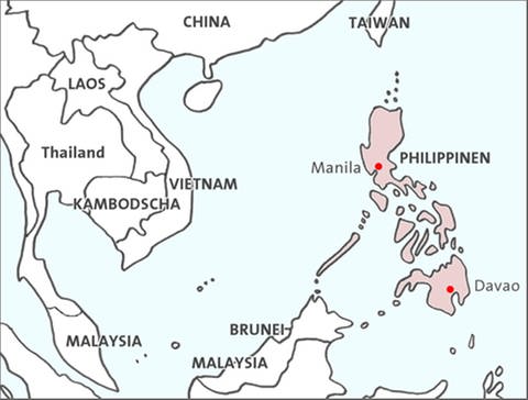 Eine Karte der Region des Südchinesischen Meeres mit Philippinen rot markiert. (Foto: SWR)