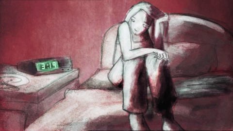 Zeichnung eines Mädchens auf einem Bett, sie guckt auf den Wecker auf ihrem Nachttisch. (Foto: SWR - Screenshot aus der Sendung)
