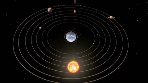Darstellung des Universums, in der die Planeten um die Erde kreisen. (Foto: SWR – Screenshot aus der Sendung)