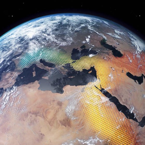 Weltkugel mit farbig markierter Verbreitung des Homo erectus. (Foto: SWR – Screenshot aus der Sendung)