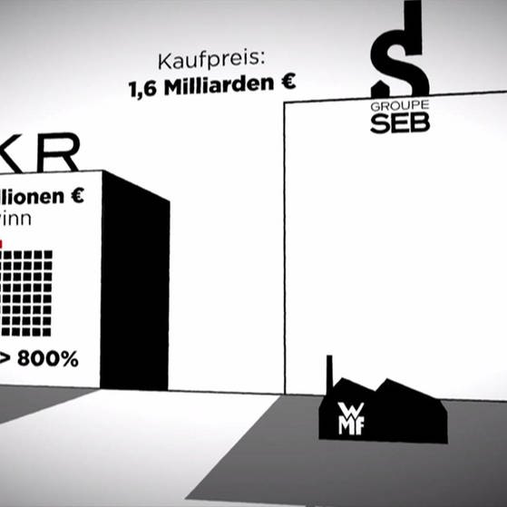 Grafik: KKR 905 Millionen € Gewinn, Rendite 800 %, SEB Kaufpreis 1.6 Milliarden €, Groupe SEB, WMF (Foto: SWR - Screenshot aus der Sendung)