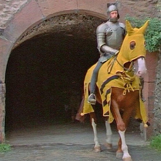 Ritter in Rüstung reitet aus Burg heraus. (Foto: SWR – Screenshot aus der Sendung)