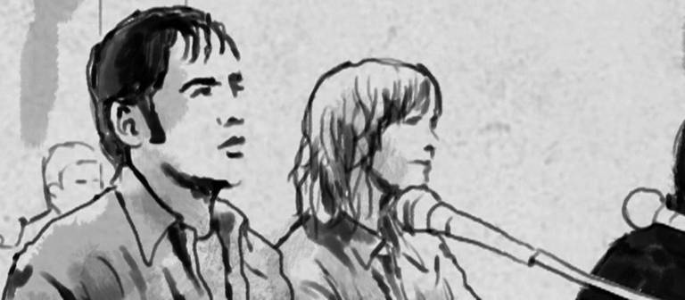 Zeichnung von Jan-Carl Raspe, Andreas Baader, Gudrun Ensslin u. Ulrike Meinhof im Gerichtssaal. (Foto: SWR – Screenshot aus der Sendung)
