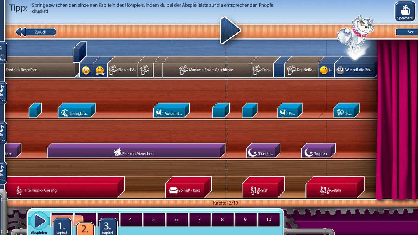 Schnittprogramm im Lernspiel Hörspielbaukasten mit zahlreichen Sound-Elementen. (Foto: SWR / Screenshot aus Lernspiel)