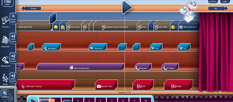 Schnittprogramm im Lernspiel Hörspielbaukasten mit zahlreichen Sound-Elementen. (Foto: SWR / Screenshot aus Lernspiel)