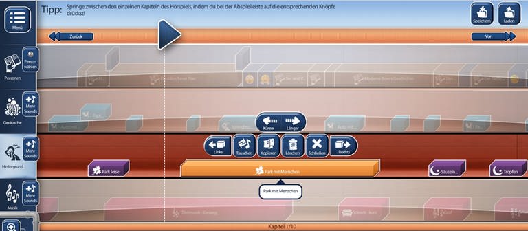 Im Hörspielbaukasten lassen sich einzelne Sound-Elemente zu einem Hörspiel zusammensetzen. (Foto: SWR / Screenshot aus Lernspiel)