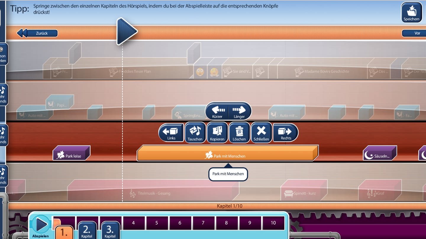 Im Hörspielbaukasten lassen sich einzelne Sound-Elemente zu einem Hörspiel zusammensetzen. (Foto: SWR / Screenshot aus Lernspiel)