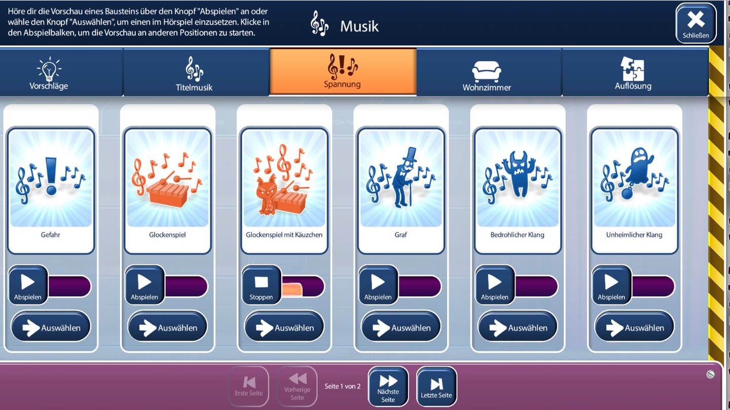Im Hörspielbaukasten lassen sich verschiedene Formen der Hintergrundmusik kennenlernen. (Foto: SWR / Screenshot aus Lernspiel)