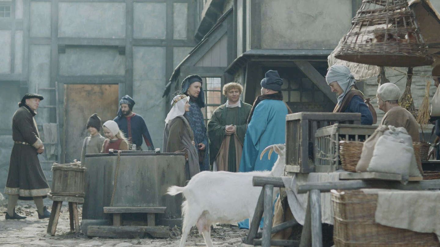 Nachgestellte Szene: Menschen im Mittelalter auf einem Markt (Foto: WDR)