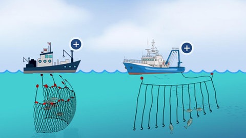 Zwei Schiffe unter denen zwei verschiedene Netze sind.
