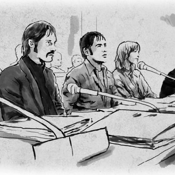 Zeichnung: Jan-Carl Raspe, Andreas Baader, Gudrun Ensslin u. Ulrike Meinhof im Gerichtssaal