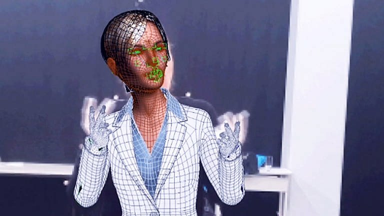 Weiblicher Gebärdensprache-Avatar während der Konstruktion auf einem Computerbildschirm