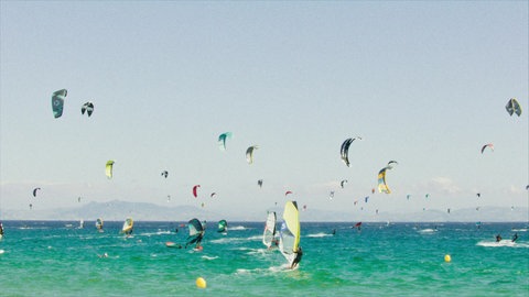 Surfer und Kitesurfer auf dem Meer