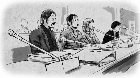 Zeichnung: Jan-Carl Raspe, Andreas Baader, Gudrun Ensslin u. Ulrike Meinhof im Gerichtssaal