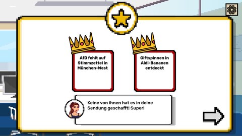 Screenshot aus dem Lernspiel Nachrichtenmacher für Medienkompetenz: Feedback - Nachricht oder Fake News, wie findet man es raus?