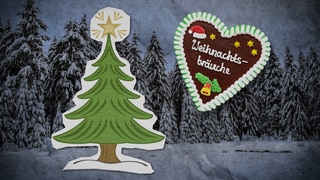 Animiertes Bild: Ein Tannenbaum und ein Lebkuchenherz mit der Aufschrift "Weihnachtsbräuche"