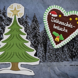 Animiertes Bild: Ein Tannenbaum und ein Lebkuchenherz mit der Aufschrift "Weihnachtsbräuche"