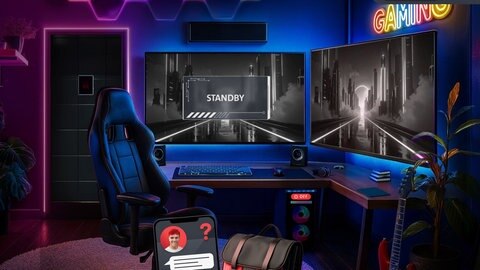 Ein Gaming-Raum mit Schreibtisch mit Computer und zwei Bildschirmen, Gaming-Stuhl und blauem und lila Beleuchtung an der Wand. Im Gaming-Raum im Escape Mathe-Spiel geht es um Wahrscheinlichkeitsrechnung. 