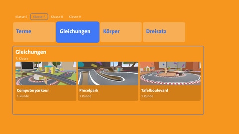 Es gibt verschiedene Mathe-Aufgaben und Klassenstufen, die sich mein Matheracer auswählen lassen. 