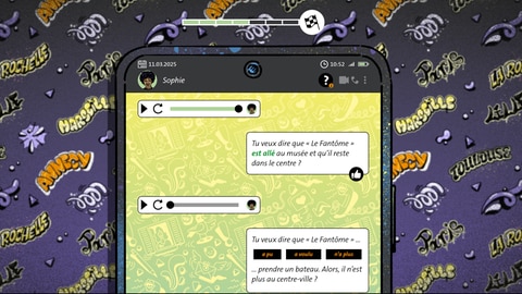 Hörverstehen auf Französisch: Hör genau auf die Sprachnachrichten im Lernspiel Chasse le fantôme.