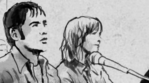 Zeichnung von Jan-Carl Raspe, Andreas Baader, Gudrun Ensslin u. Ulrike Meinhof im Gerichtssaal.