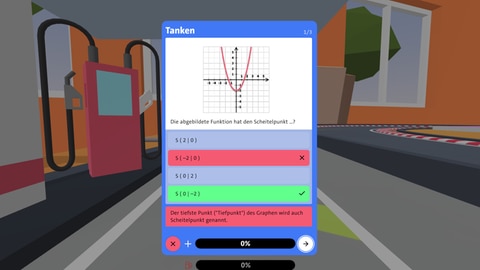 Aufgaben zu Funktionen lösen und Benzin gewinnen: Ist das Ergebnis der Mathe-Aufgabe falsch, bleibt der Tank leer.