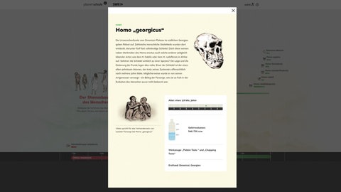 In der interaktiven Anwendung Stammbaum des Menschen lassen sich Steckbriefe zu verschiedenen Urmenschenarten aufrufen. Sie enthalten Informationen zum Alter der Funde, derGröße des Gehirns und den Lebensumständen. Beispielhaft ist der Steckbrief des Homo georgicus zu sehen.