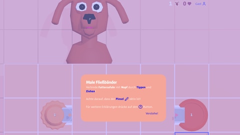 So funktioniert das Mathe-Lernspiel: Ziehe mit der Maus den Weg vom Futterautomat zum Fressnapf und verteile das Fressen an die Tiere.