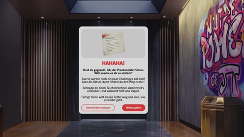 Bevor du ans Ziel kommst, musst du in jedem Raum der Villa Mathe-Aufgaben lösen und so den Tür-Code herausfinden.