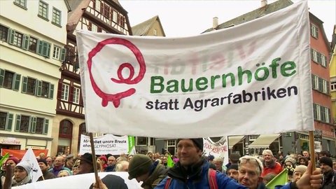 Ein Demonstrant hält ein Banner mit der Aufschrift "Bauernhöfe statt Agrarfabriken" in die Höhe.