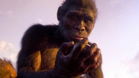 Rekonstruktion von einem Homo habilis mit einem Werkzeug in der Hand.