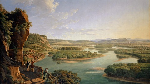 Gemälde eines Rheinabschnitts, in dem viele Flussinseln sind.