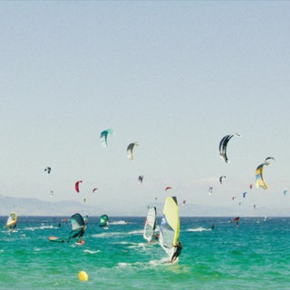 Surfer und Kitesurfer auf dem Meer