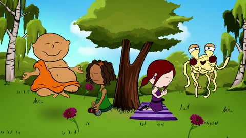 Eine Zeichnung von einer grünen Wiese mit drei meditierenden und betenden Menschen, am Rand schwebt ein gelbes Wesen mit Tentakeln.