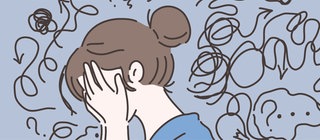 Zeichnung einer Frau, die die Hände vor dem Gesicht zusammenschlägt.