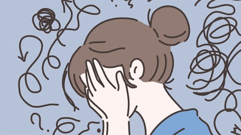 Zeichnung einer Frau, die die Hände vor dem Gesicht zusammenschlägt.