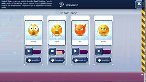 Mit dem Hörspielbaukasten kann der Nutzer selbst entscheiden, ob der Gangster fies oder erstaunt spricht.