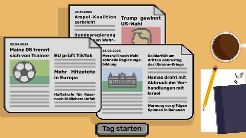 Screenshot aus Lernspiel Nachrichtenmacher für Medienkompetenz: Wähle deinen Tag aus, an dem du Nachrichten machen willst!