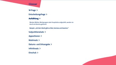 Im Glossar des Lernspiels lassen sich die Kommaregeln mit Beispielen nachlesen. 