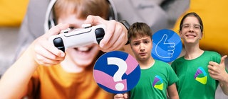 Im Hintergrund ein Junge mit Kopfhörern und einem Controller vor dem Gesicht. Im Vordergrund ein Junge mit einem Fragezeichen in der Hand und ein Mädchen, das Daumen hoch zeigt.