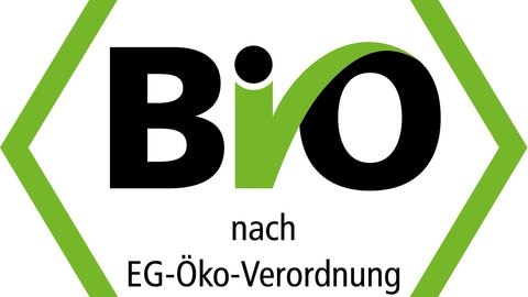 Das Siegel zeigt ein grünes Sechseck, in dem "Bio nach EG-Öko-Verordnung" steht