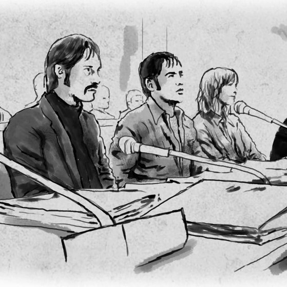 Zeichnung: Jan-Carl Raspe, Andreas Baader, Gudrun Ensslin u. Ulrike Meinhof im Gerichtssaal