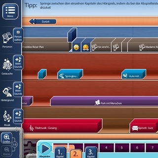 Schnittprogramm im Lernspiel Hörspielbaukasten mit zahlreichen Sound-Elementen.