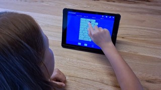 Ein Mädchen von Hinten. Es spielt auf einem Tablett "Ohne Punkt und Komma", ein Lernspiel zur Zeichensetzung von planet schule.